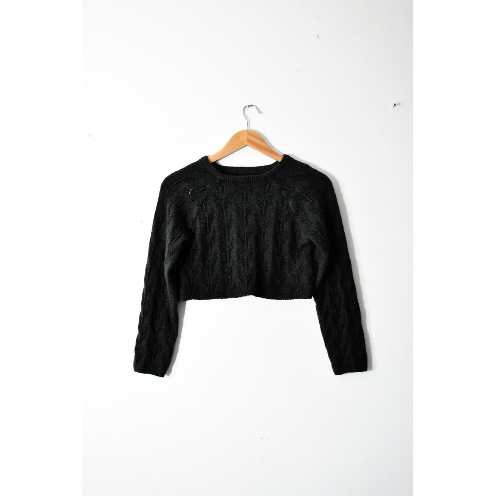 Prana Cropped Sweater Women Small Black Modern Cable Knit Pointelle Boho Top